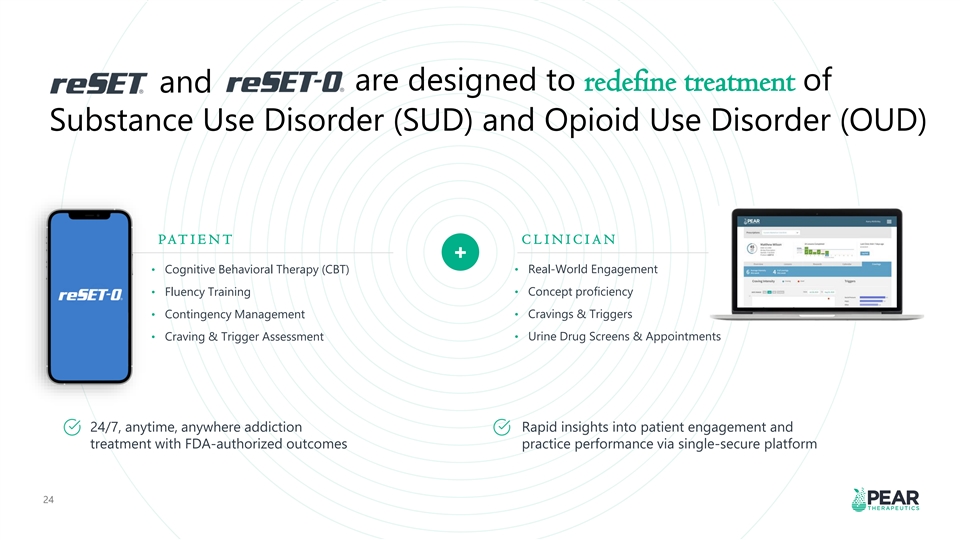 Pear’s historical investor slide showing the reSET-O phone app beside a clinician dashboard