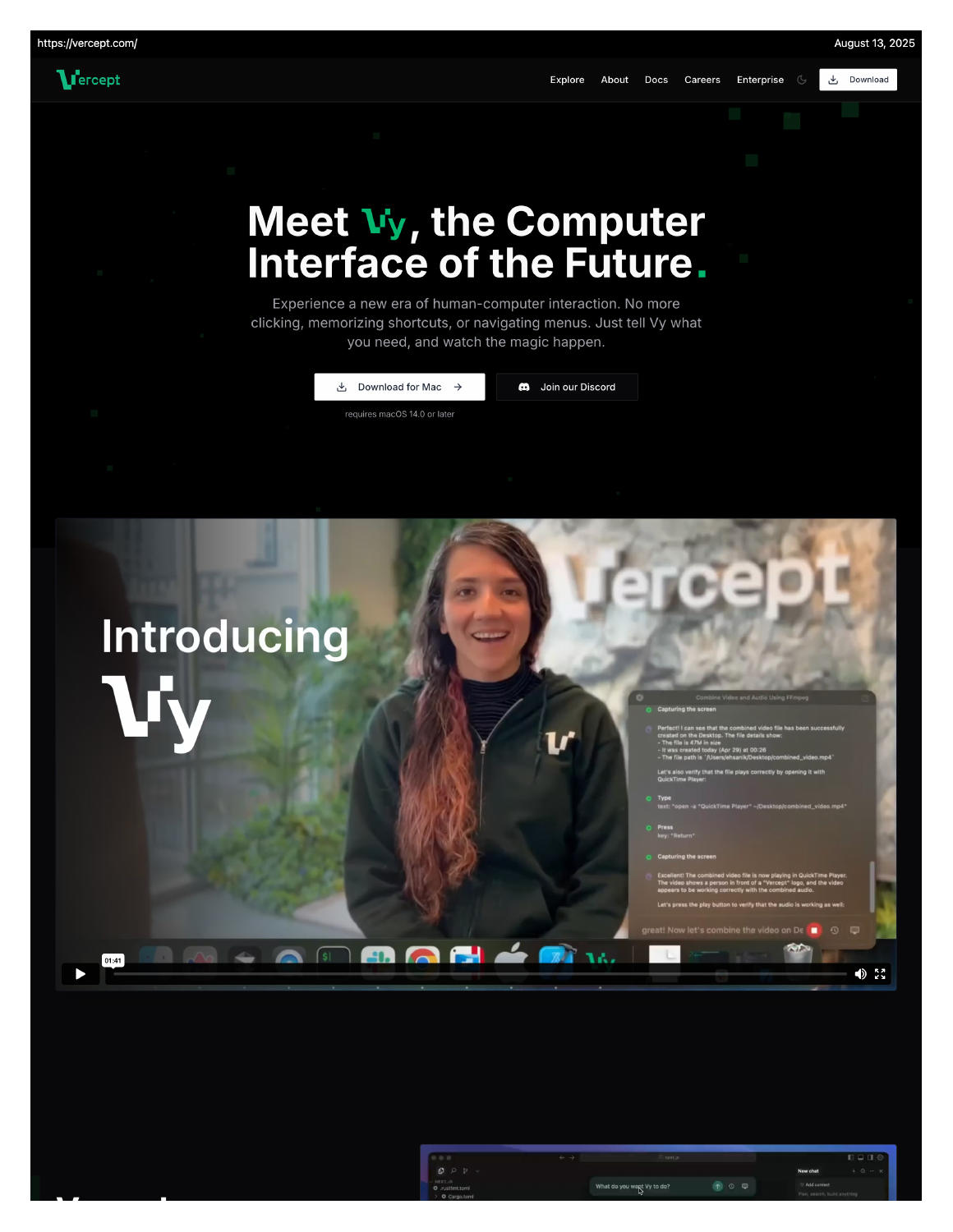 Vercept's August 2025 landing page with the Vy Mac download and Kiana Ehsani's product demonstration