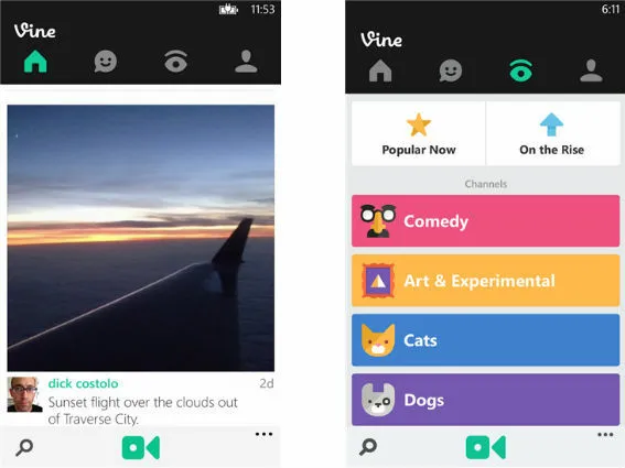 Two historical Vine mobile screens showing a video feed and discovery channels including Comedy, Art and Experimental, Cats, and Dogs